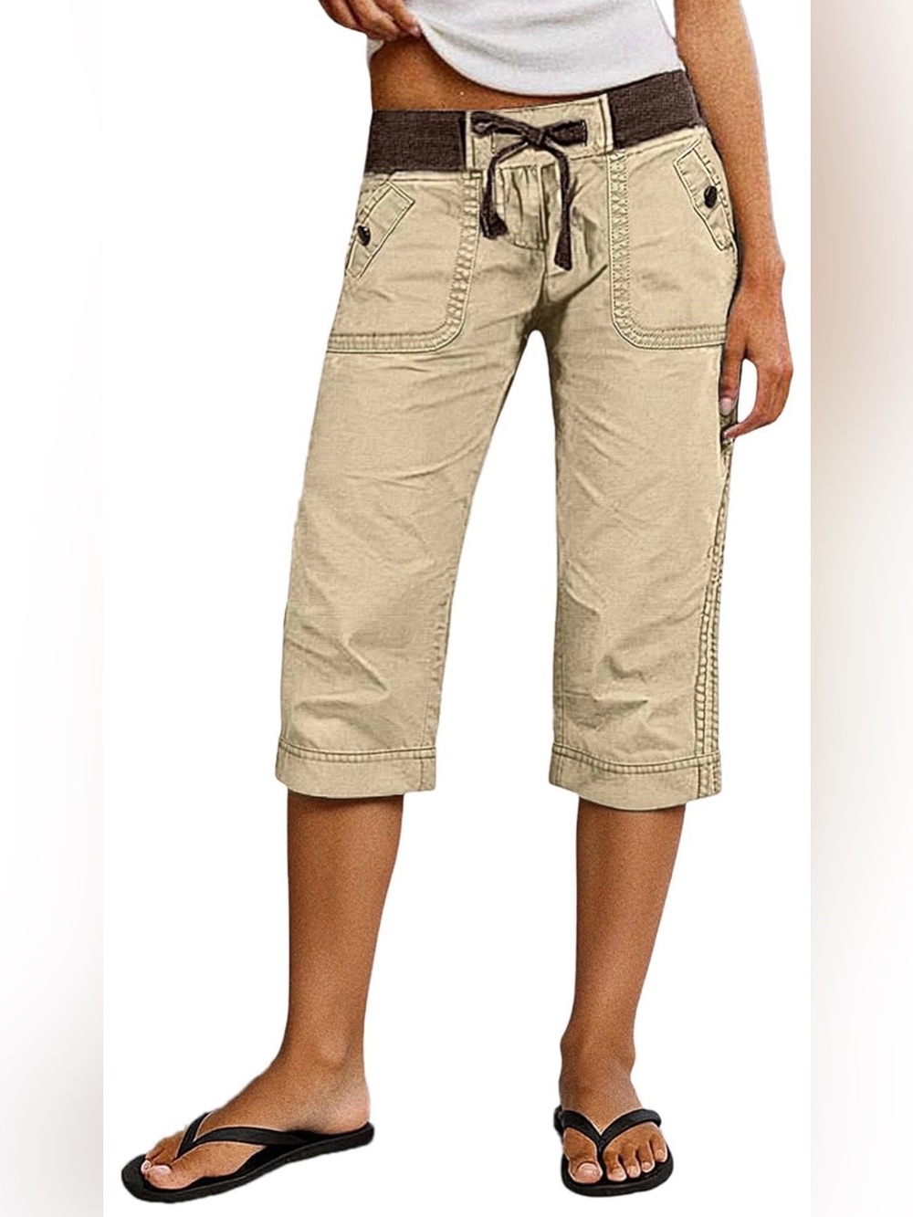 Flamingals Straight Leg High Waist Capri Drawstring Pants Button S PS2-7
